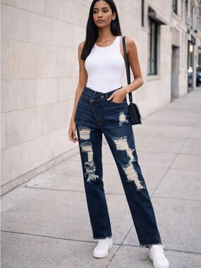 AP Blue by Aphrodite Distressed Jeans Asymmetrical Waist Raw Hem Size 3
